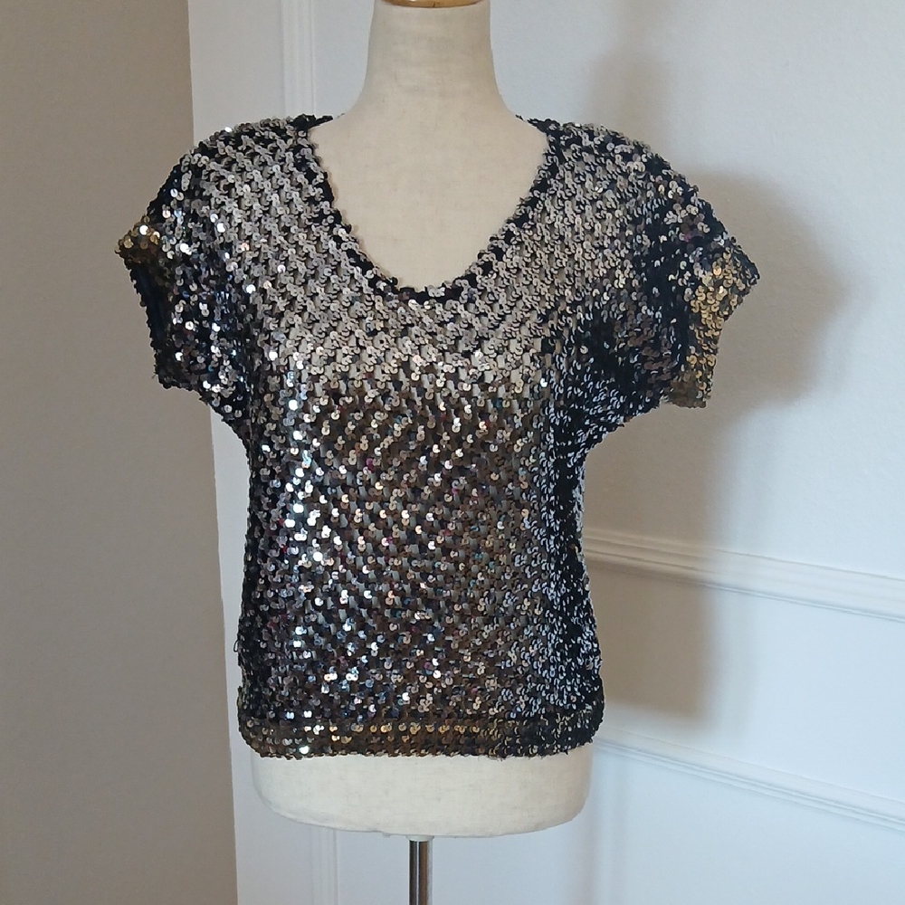 Vintage Fishnet Silver and Gold Sequin Sweater